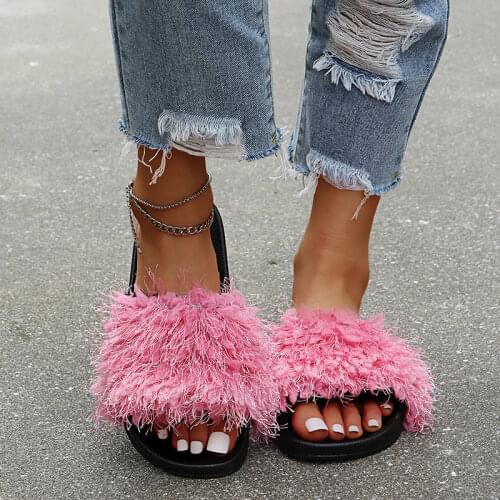 2021 Women Summer Fashion Furry Slippers Female Original Slides Beach Sandals Ladies Casual Comfortable Kawaii Shoes Plus Size