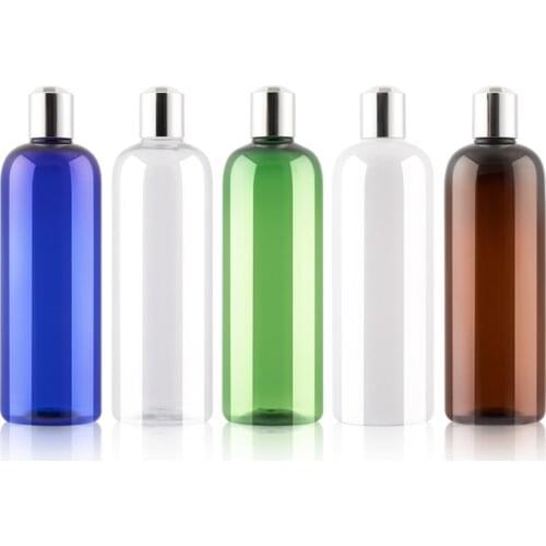 500ML 12 Pcs/Lot White Clear Blue Green Brown Empty Plastic Shampoo Bottle With Silver Disc Top Cap PET Essential Oil Bottles