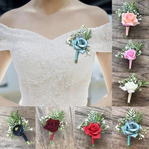 Artificial Silk Groom Boutonniere Elegant Wedding Party Bridesmaid Corsage Pin Unisex Wedding Charm Decor Corsage Jewelry Gifts