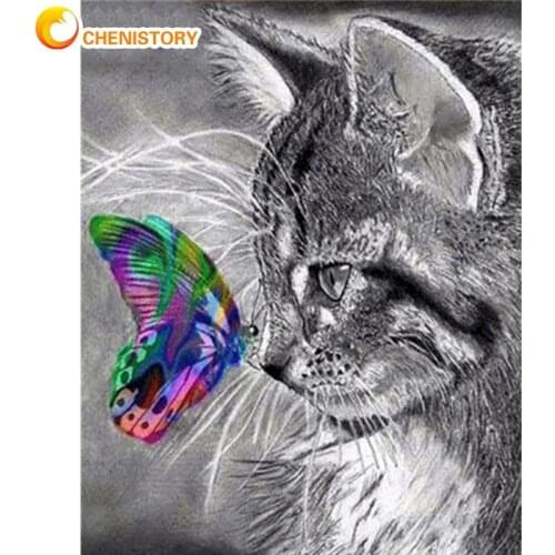 CHENISTORY Cute Cat And Butterfly Animal Painting By Numbers Kits Handmade Unique Gift 60x75cm Frame On Canvas Home Wall Craft