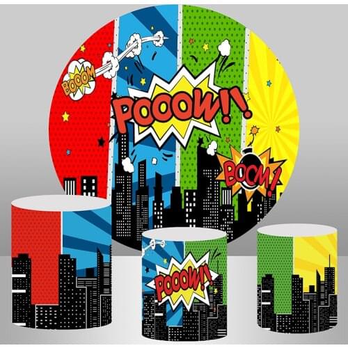 Photography Background Baby Shower Superhero City Building Kids Birthday Party Decor Dessert Table Cover Round Backdrop Circle