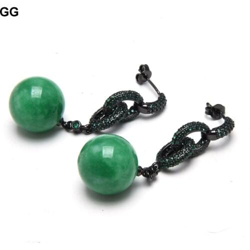 GG Jewelry Genuine Round Green Jades Green CZ Pave Gunmetal Color Plated Loop Stud Earrings Luxulry For Women