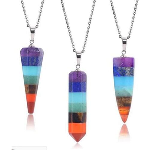KFT Natural Healing Crystal Quartz Reikl Pendulum Pendant 7 Chakra Point Stone Pendant Necklace For Women Girls Jewelry Gift