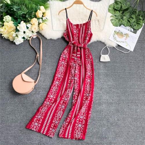 Catsuit Top Polyester Body Feminino Womens Jumpsuit 2020 New Retro Printing V-neck Halter Waist Tie Design Wide Leg Beach