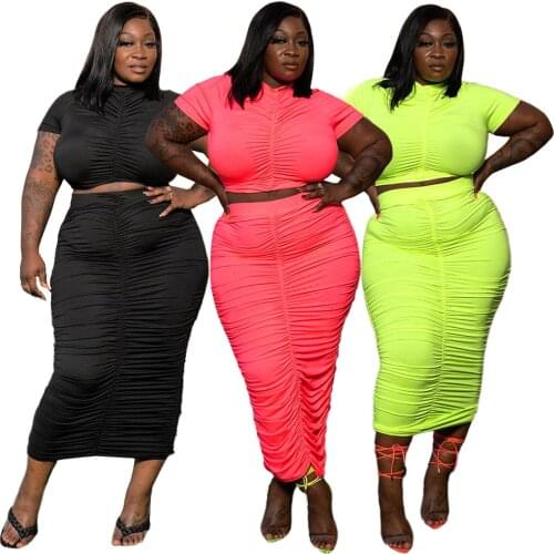 Two Piece Set Plus Size XL-5XL Midi Dress Sets Short Sleeve Club Fashion Party Summer Women Ribbed Dresses Neon Green Yellow