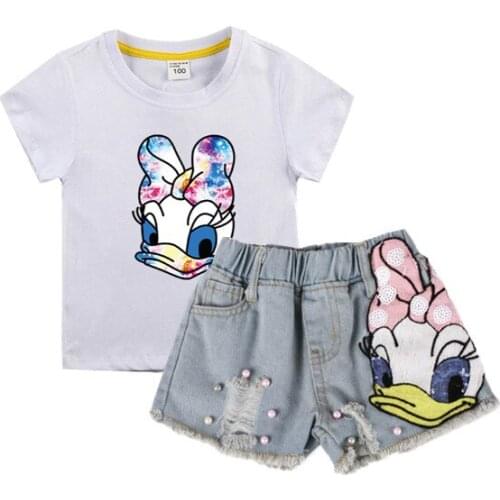 Summer Pretty Party Little Girls Outfits Set Kids Clothes Cartoon Daisy Duck Shirt&Sequin Embroidery Broken Hole Denim Shorts