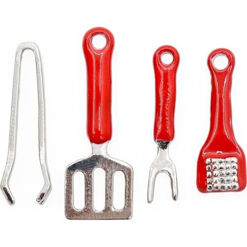 Odoria 1:12 Miniature BBQ Tools Red Folder Spatula Meat Mallet Fork Metal Set Cookware Kitchen Dollhouse Accessories Decor