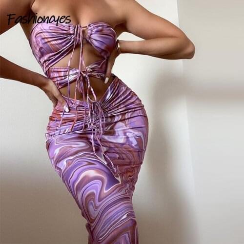Summer Print Midi Dress Sexy Bodycon Hollow Out Ruched Spaghetti Strap Party Dresses For Women 2021 Casual Vestidos Fashioncyes