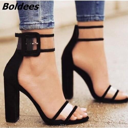 Simply Line Buckle Style Black Suede Chunky Heel Sandals Sexy Open Toe Clear Band Block Heel Dress Sandals Trendy Shoes New