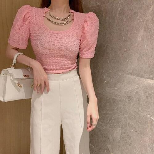 Chic hubble-bubble sleeve short jacket design feeling small short sleeve T-shirt women crop tops slim mini shirt