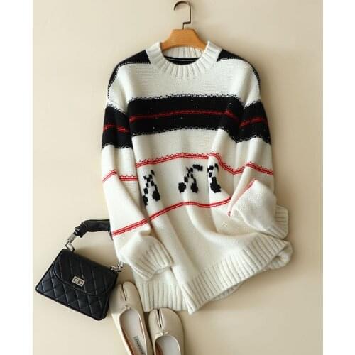 New pure cashmere sweater women Autumn winter round neck pullover thick knit sweater color matching loose cashmere sweater