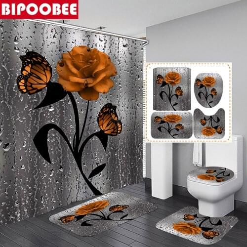 Butterfly Rose Flower Print Shower Curtain Raindrop Bathroom Non-Slip Rug Toilet Lid Cover Mat Waterproof Fabric Bath Curtains