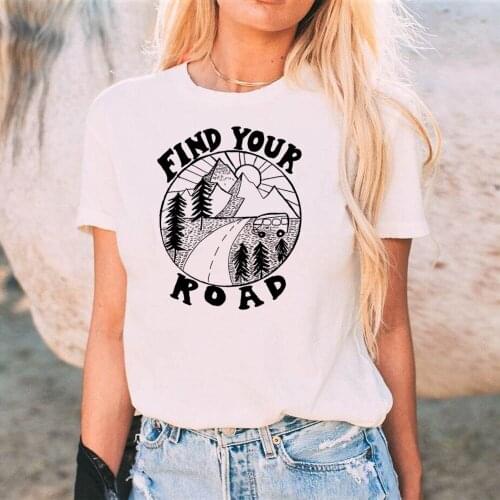 Women T-Shirt Summer Short Sleeve Find Your Road Print O-Neck T-Shirt Female Casual T Shirt Fashion White Tops Tee