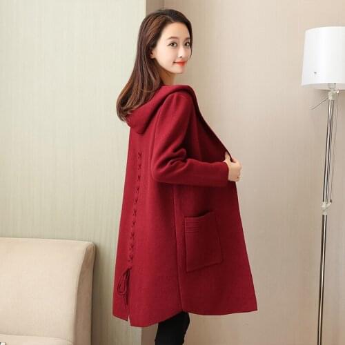 Plus size autumn and winterclothing new hooded knitted cardigan sweater loose mid-length sweater coat thicker womens clothing