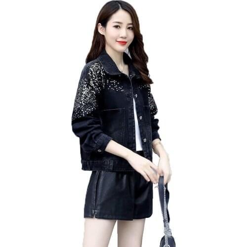Women Spring Autum Fashion Sequined Buttons Cowboy Jacket 2021 Female New Korean Style Denim Jacket Loose Casual Short CoataA8