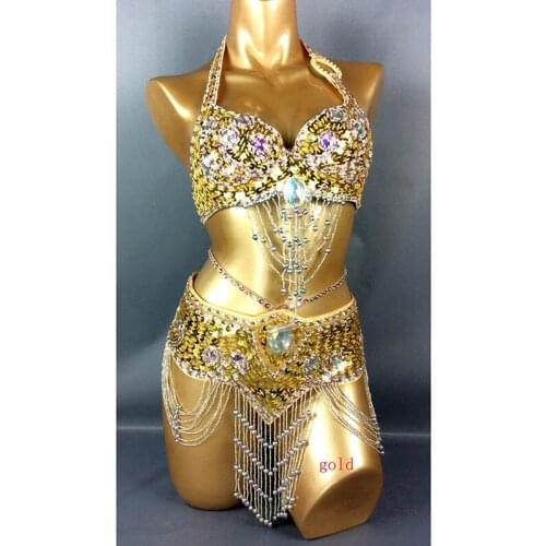 New Womens Beaded Sequins Belly Dance Costume Wear Bar+belt 2pcs Set Ladies Performance Clothes Belly Dance Clothes DQS5630