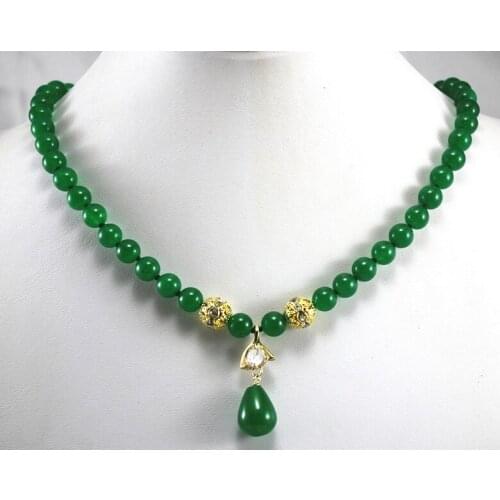 Ladys best accessory 8mm green jades necklace and water drop pendant necklace for party and anniversory