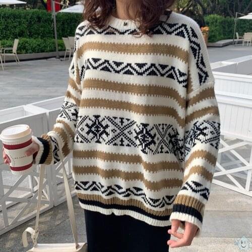 SHIJIA Vintage Striped Oversized Sweater Woman Autumn Winter Round Neck Knitted Jumper Female Korean Fashion Preppy Pullovers