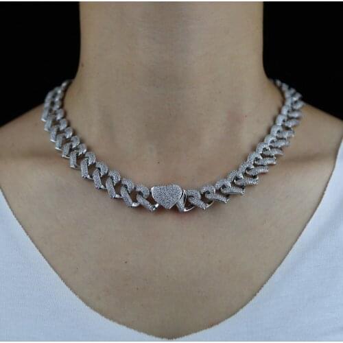 Wholesale Hip Hop Iced Out Bling Heart-Shaped Clasp Miami Cuban Link Chain 5A Cubic Zirconia CZ Chunky Necklace For Women