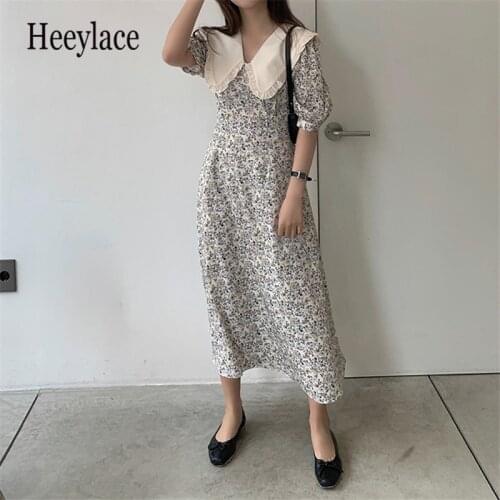 2021 Summer Korean Elegant Woman Dress Peter Pan Collar Retro Floral Print A-line Robes Lace Up Vestidos Female Dresses