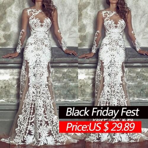 Grosfairy Illusion Mesh Embroidered Wedding Party Dress Women Sexy Long Sleeve Engagement Evening 2021 New Style White Robe