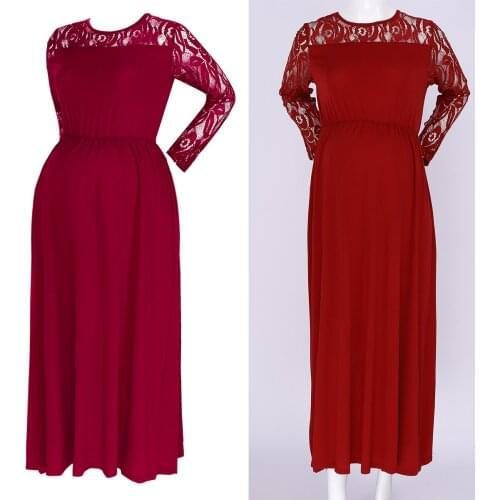 Elegant Maternity Floral Lace Hollow out Long Sleeves Ankle-Length Pregnant Dress Photography Prop Maxi Gown for Evening Party