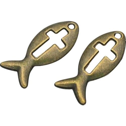 150pcs-Antique Bronze Christian Fish with Cut Out Cross charm Pendants, Jesus Fish 21x9mm