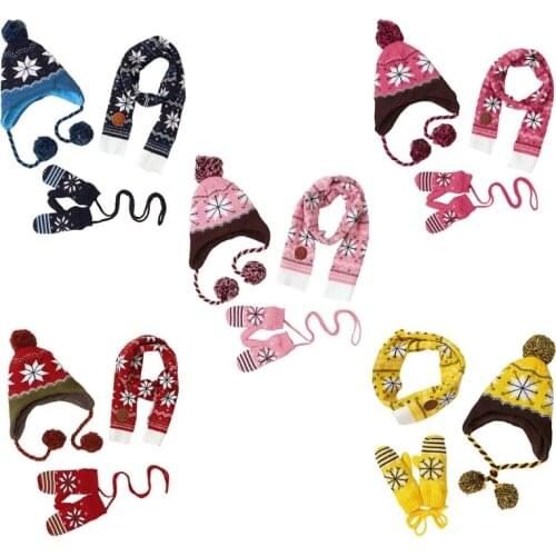 3Pcs Kids Winter Warm Fur Ball Pompon Beanie Hat Snowflake Long Scarf Gloves Set XXFE