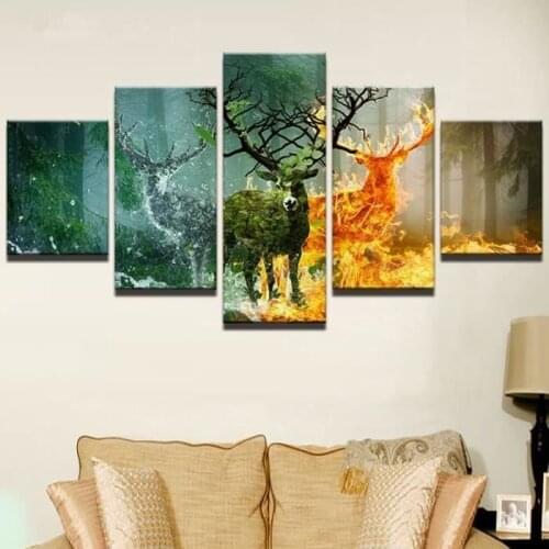 5 Piece Forest Tree Fire Animal Deers Pictures Framework Decorative Wall Art Bedroom Living Room Canvas Print Abstract Picture