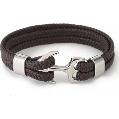 2 layer Women Fashion Jewelry Anchor Bracelets Leather Rope Bracelet Stainless Steel Hook Weave Handmade Charm Bracelet For Men