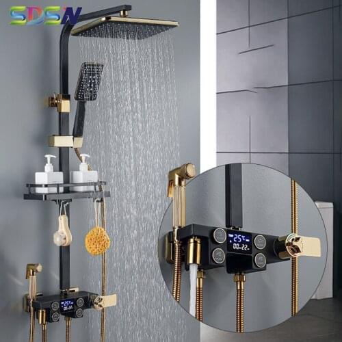 Digital Bathroom Shower Set Temperature Display Bathroom Mixer Faucet Rainfall Shower Head Black Gold Thermostatic Shower Set