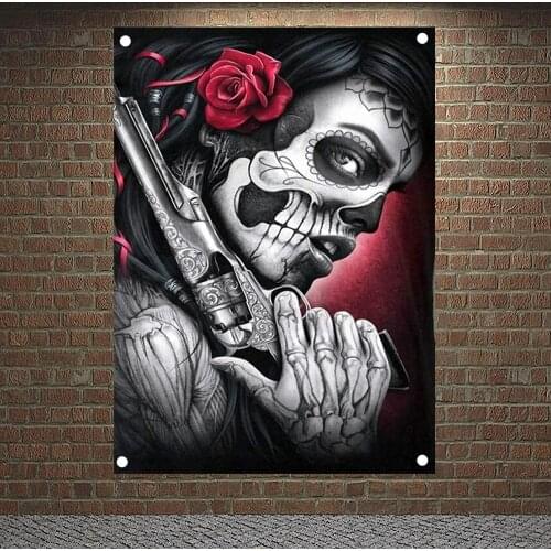 Girls with guns Banners Skull Tattoo Flags Canvas Painting Bar Cafe Home Decoration Scary Bloody Posters Tapestry Wall Hanging