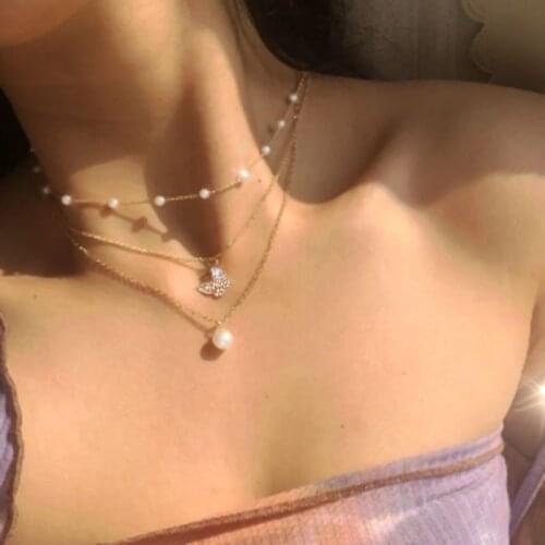 EN Trendy Multilayered Butterfly Pearl Necklace For Women Fashion Sun Star Gold Pearl Choker Necklaces 2021 Trend Jewelry Gift