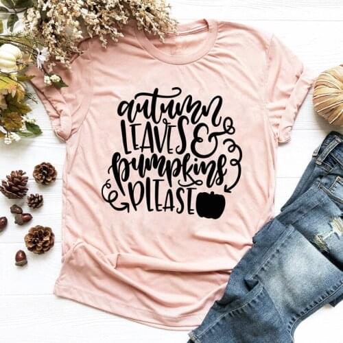 Stylish Autumn Leaves And Pumpkins Please Slogan T-shirt Women Crewneck Pure Cotton Tshirt High Quality Graphic Funny Tees Tops