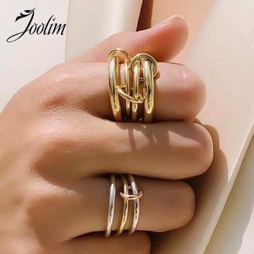 Joolim High End 18K Gold PVD Hip-hop Three-fingered Chain Changeable Rings for Women Stainless Steel Jewelry Wholesale