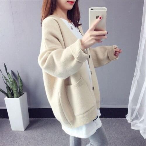Women Autumn Winter Knitted Cardigan Loose Streetwear Knit Sweater Coat Cute V Neck Knitted Cardigan Female Jacket MOKIJINS