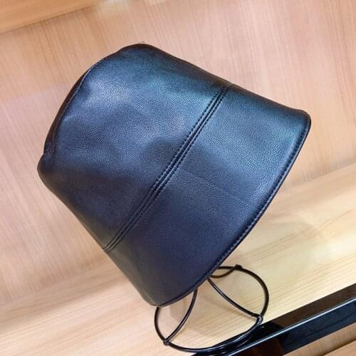 Classical Winter Wide Brim Women Hats Fancy Men Ladies PU Leather Waterproof Black Bucket Hat Foldable Fishmen Cap Adjustable