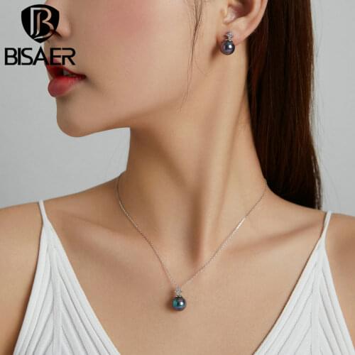 BISAER 925 Sterling Silver Plated Platinum Zircon Quality Shell Pearl Shining Ball Hoops Earrings&Necklce Women Fine Jewelry Set