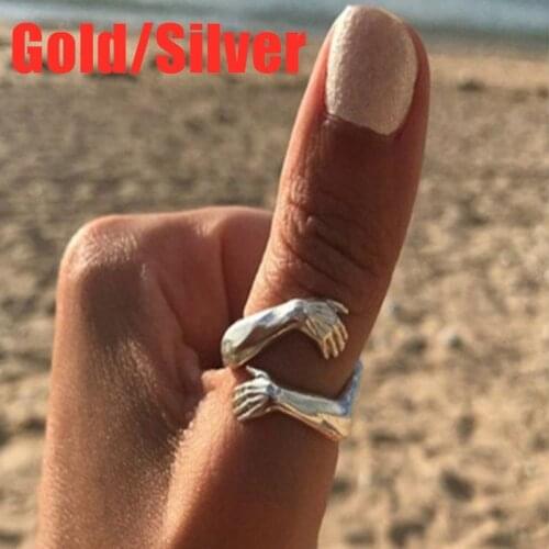 Trendy Male Female Open Thin Ring Charm Gold Silver Color Wedding Rings For Women Men Dainty Hug With Both Hands Engagement Ring