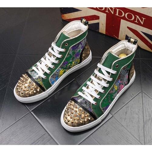 New Men Street Trendsetter Showy Studded Rivet Spike Casual Shoes Flats Male High-Tops Rock Punk Sneakers Moccasins Loafers