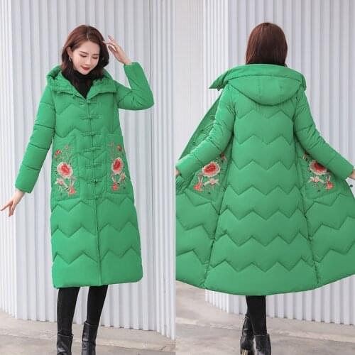 Single Breasted Thick Winter Womens Long Parkas Chinese Style Hooded Cotton Padded Coat for Ladies Embroidery Cotton Jacket