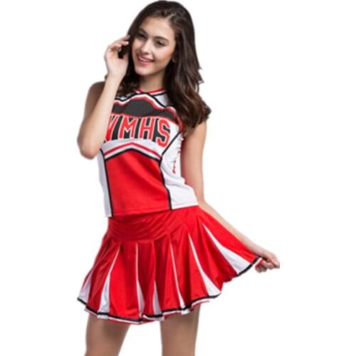 Sexy High School Girl Ladies Glee Style Cheerleading Costume Cheerleader Fancy Dress Uniform Party Cosplay (Top+Skirt+Pompoms)