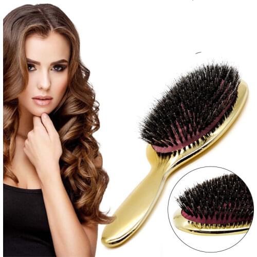 Luxury Gold And Silver Color Boar Bristle Paddle Hair Brush Oval Hair Brush Anti Static Hair Comb Hairdressing Massage Comb