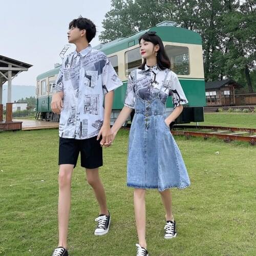 Couples wear 2021 new summer dress men and women shirt denim skirt set couples clothes couples clothing