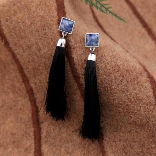 Blue Synthetic Stone Square Black Cotton Tassel Fringe Earrings 2020 Ethnic Drop Earrings For Women Indian Jewelry