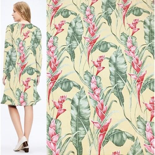 Red floral and green leaves print pure silk spun silk fabric thick soft,SRS068