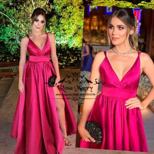 New Fuchsia Cheap Formal Evening Party Dresses 2020 A Line V Neck High Split Simple Satin Dresses Evening Wear Prom Gowns