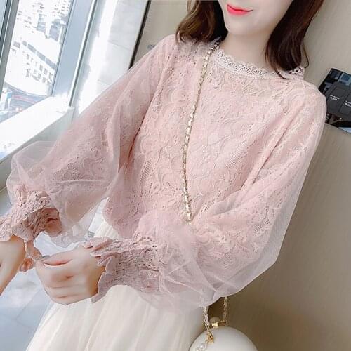 Spring Women Mesh Blouse Shirt Crochet O-Neck Lace Blouse Ladies Lantern Sleeve Regular Tops Shirts Elegant Top Blusas Femininas