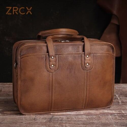 ZRCX Briefcase Men Vintage Man Handbag Travel Bag Shoulder Handmade Genuine Leather Brown Laptop Businessv Fashion High Quality