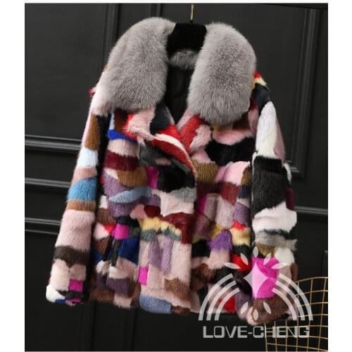 Womens fashion Real natural genuine mink fur coat with fox fur collar colorful jacket English collar outwear custom any size